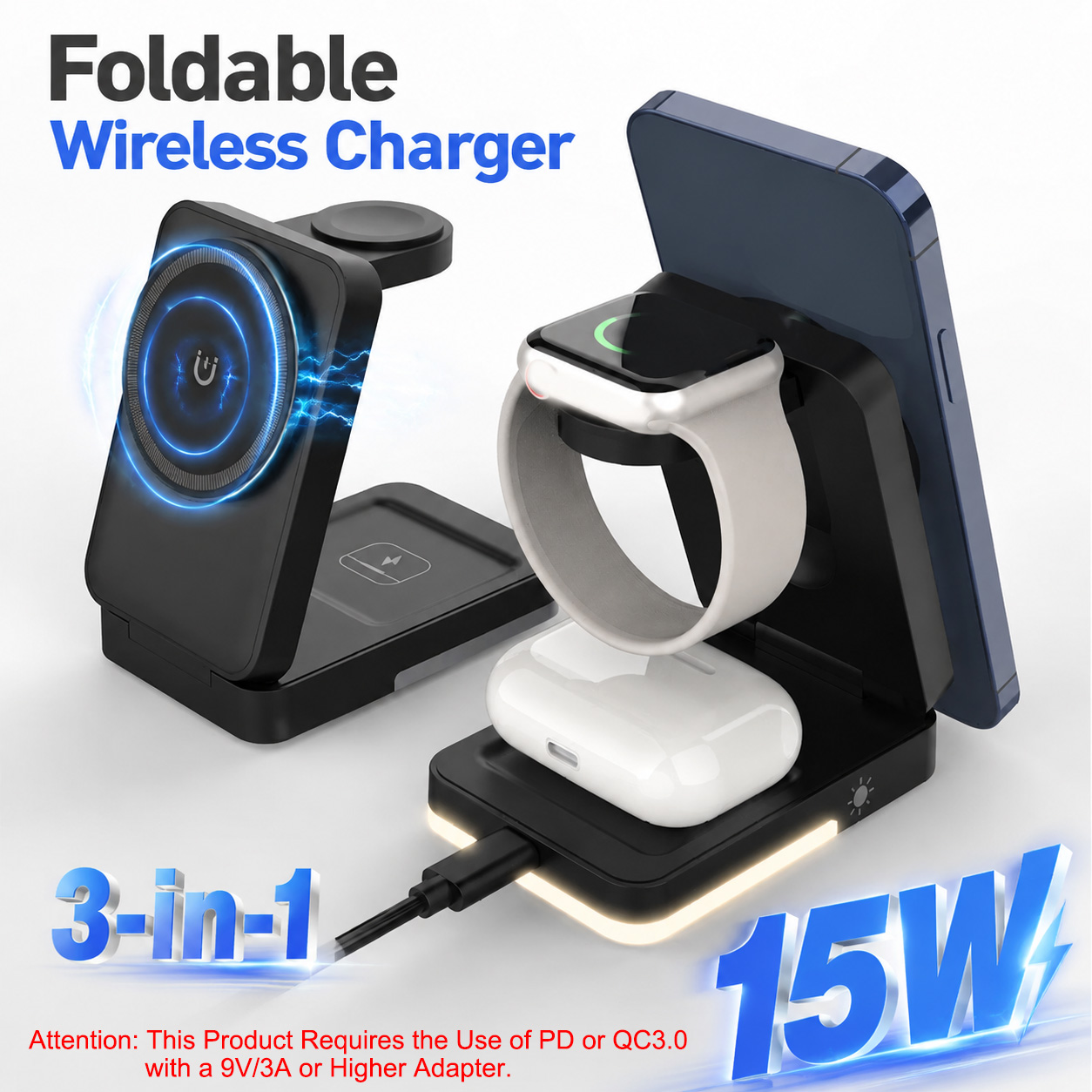 Wireless Charger Watch - 3-in-1 Foldable Wireless Charger 15W Magnetic